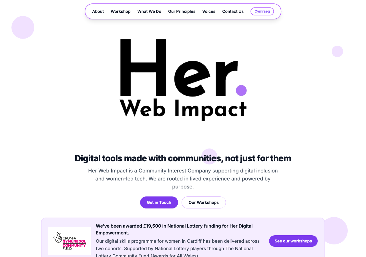 Screenshot of the Her Web Impact CIC website